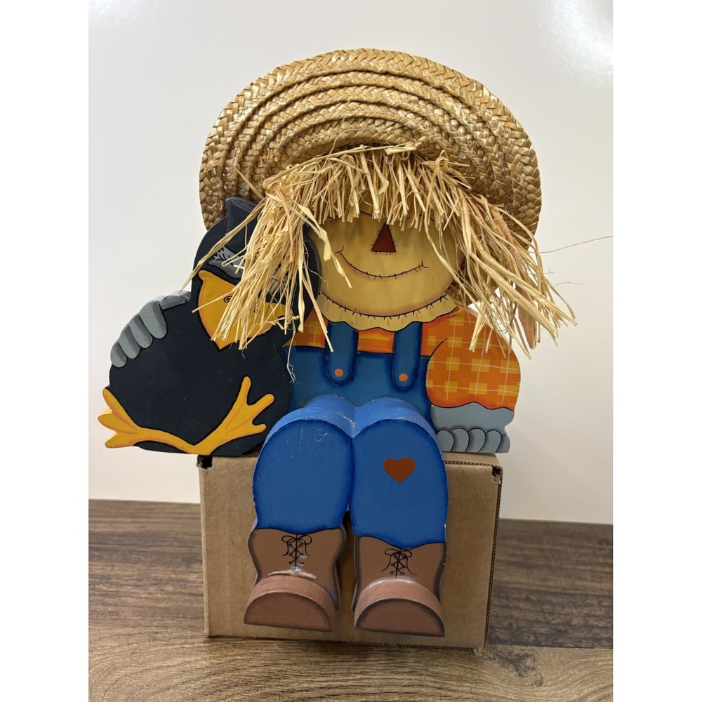 Vintage Scarecrow With Crow 11" Wooden Shelf Sitter Fall Autumn Decor